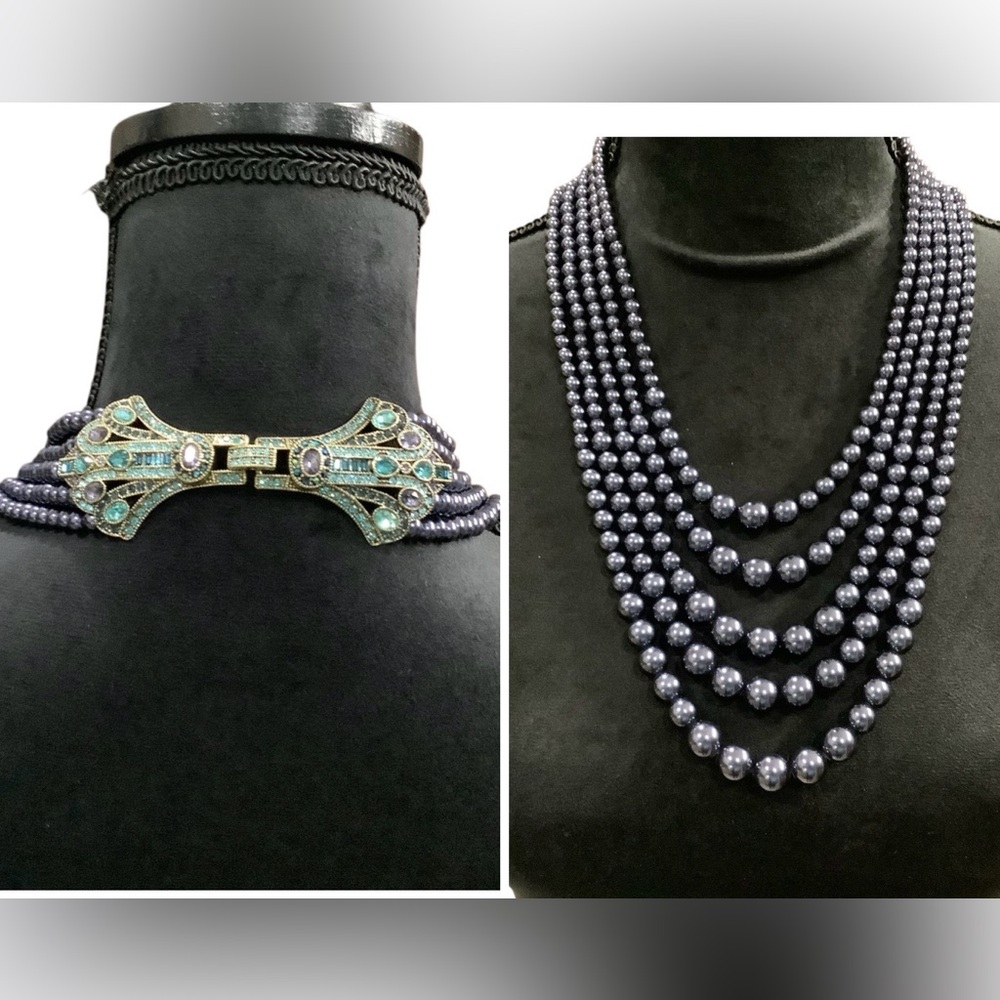 Heidi Daus  multi strand navy pearl necklace with Swarovski crystal clasp NIB - Picture 6 of 16